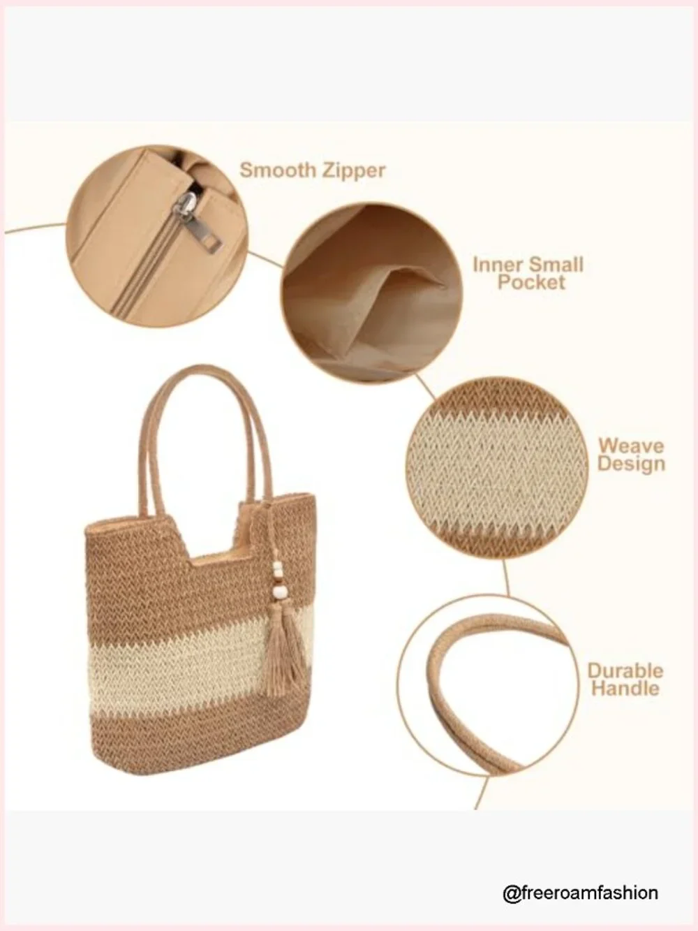 Straw Tote Bag with Zipper Large Capacity Shoulder Handbag for Beach Travel - Picture 6 of 7